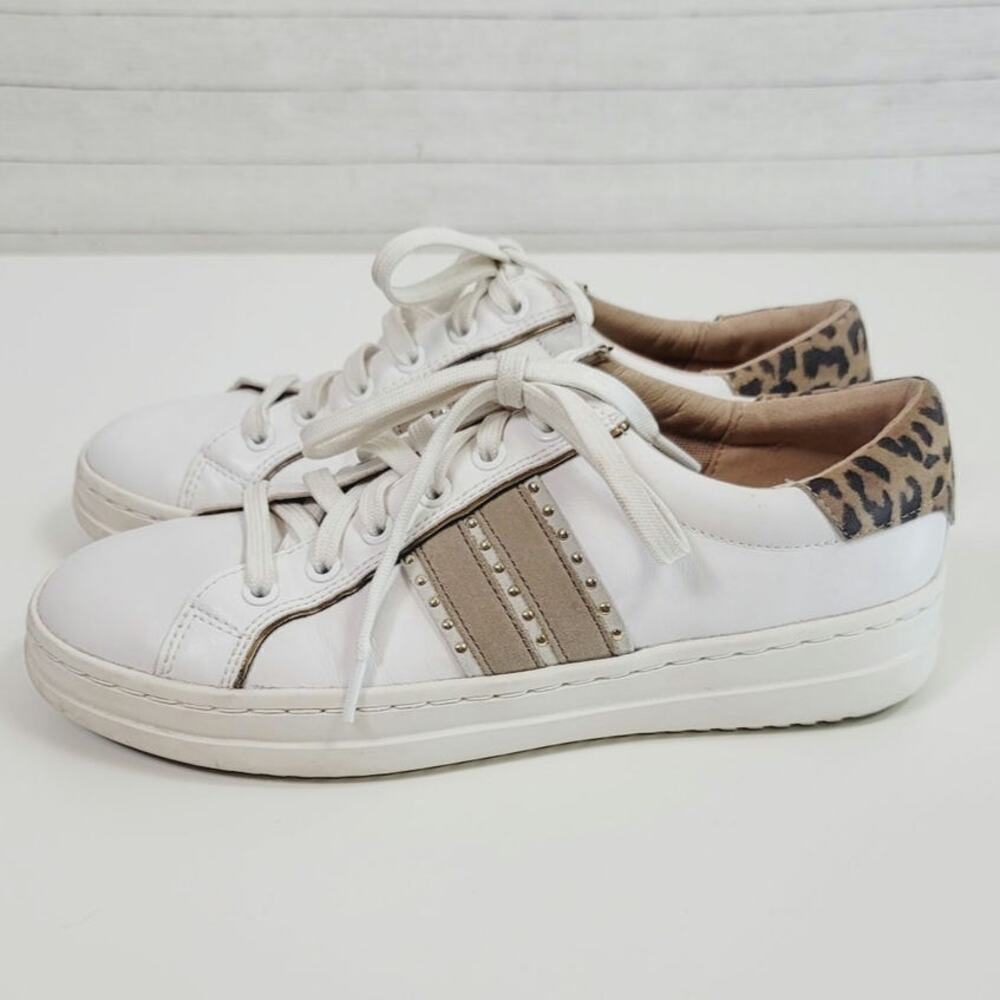 Geox Pontoise Low Top Leather Lace Up Sneakers in White/Gold/Leopard, sz 8